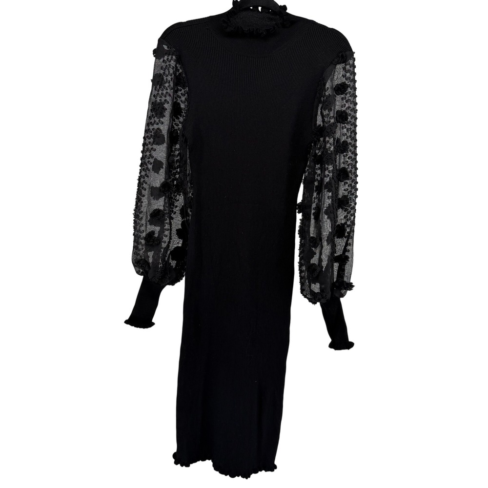 Almost Famous Black Ribbed Knit Ruffle Mock Neck Dress‎ Sheer Puff Sleeve XL